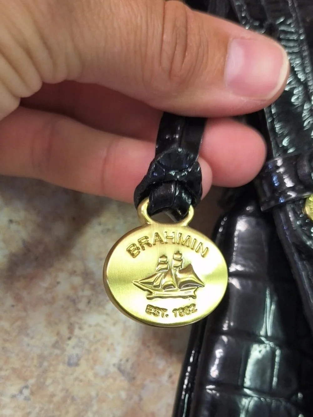 Brahmin Black Croc-Embossed Crossbody with Gold Hardware GUC.